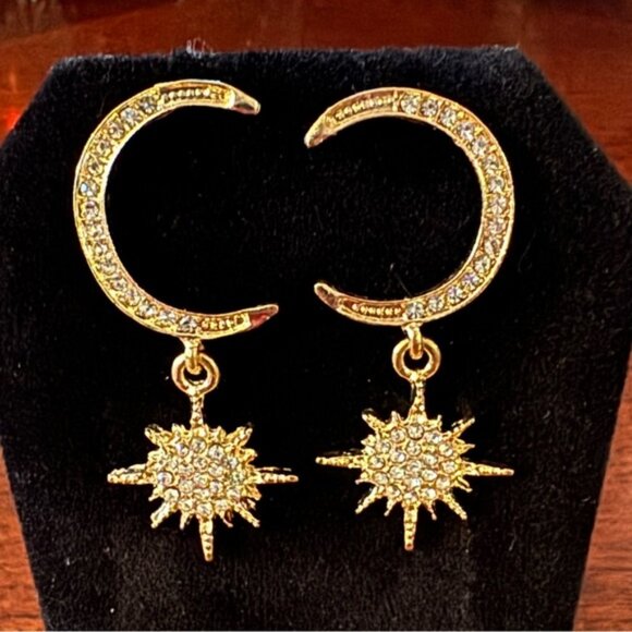 Moon, Star, Celestial, Crescent Design Shiny Rhinestone Decor Dangle Earrings - Picture 1 of 5